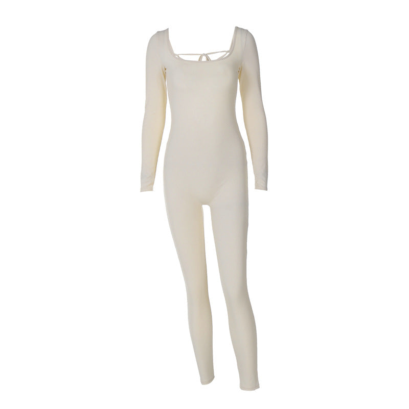 Fashion Backless Lace Up Slim Fit Long Sleeve Jumpsuit