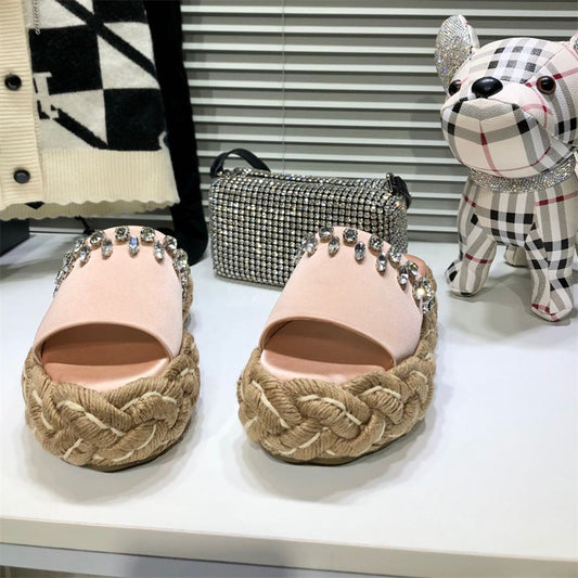 Women's Rhinestone Hemp Rope Straw Woven Thick Sole Slippers