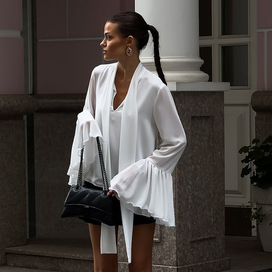 Solid Color Flared Long Sleeve V-neck Lace-up Micro Transparent Elegant Shirt