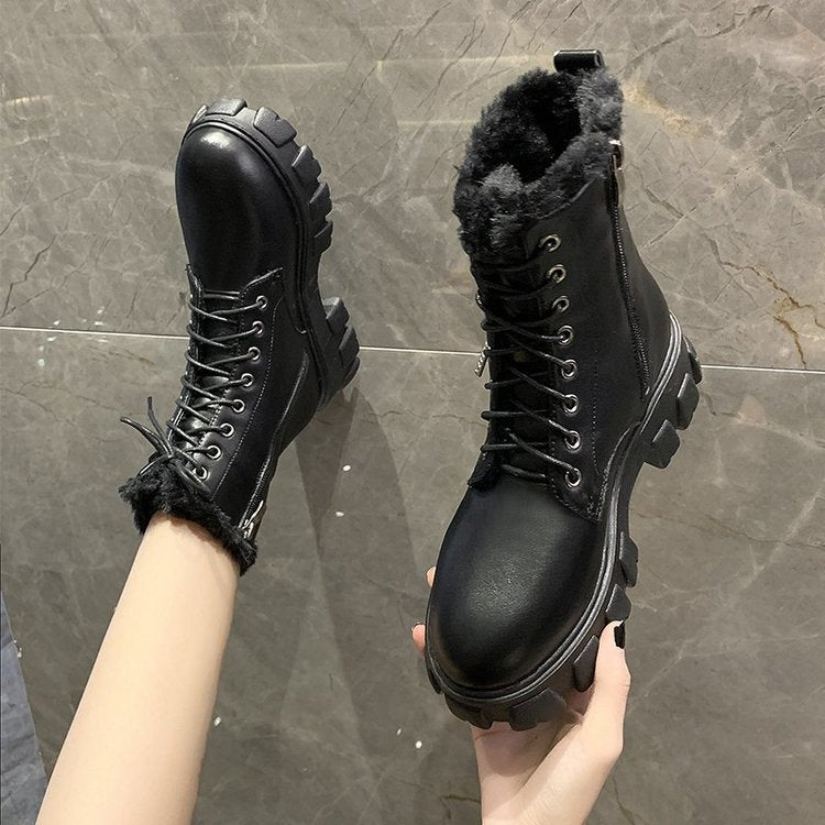 Round Head Square Heel Cotton High Heel Rubber Martin Boots