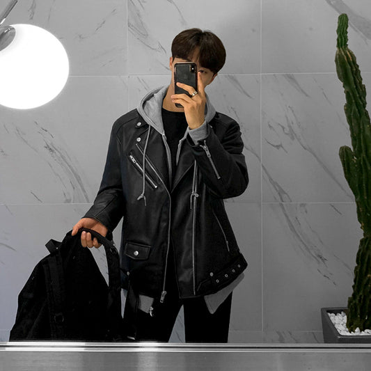 Herre Motorcykeljakke i koreansk stil med trendy slim-fit