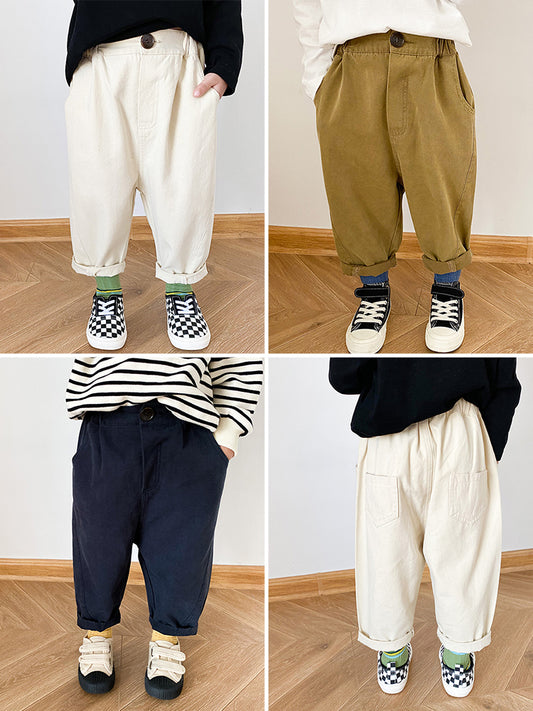 Solid-color slacks with curly sides and straight slacks