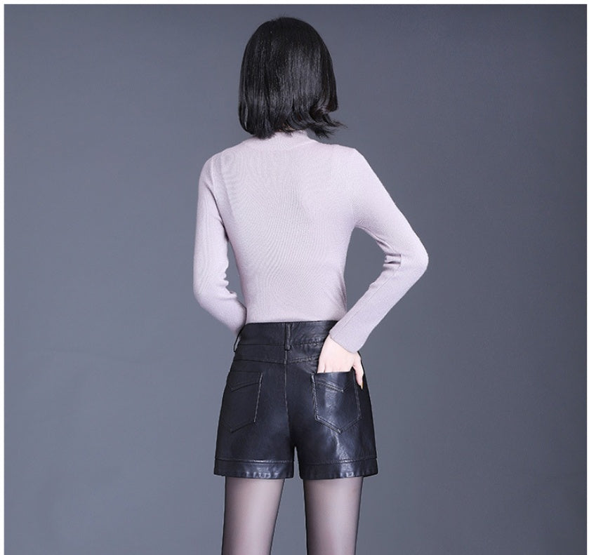 Black Wide-leg Slim High-waist Leather Shorts