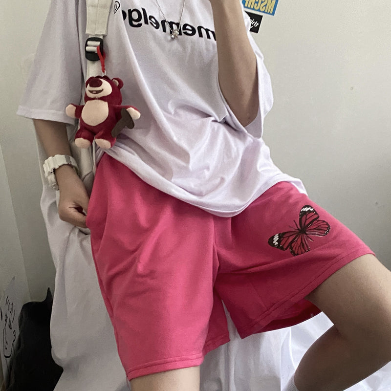 Rose red butterfly casual five-point track pants