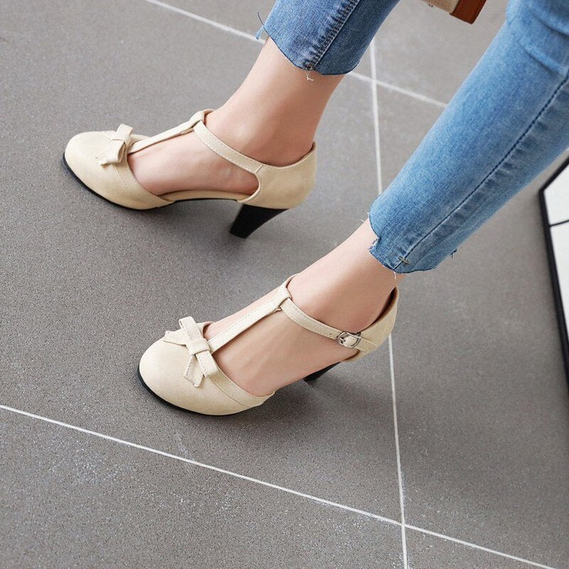 Bow knot thick heel T-shaped buckle high heels
