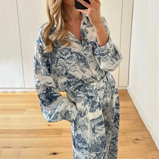 Floral Lapel Shirt Relaxed-Style Early Autumn Fashion Set For Women