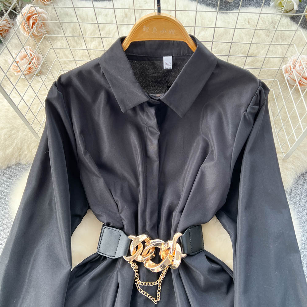 Metal Buckle White Shirt Dress