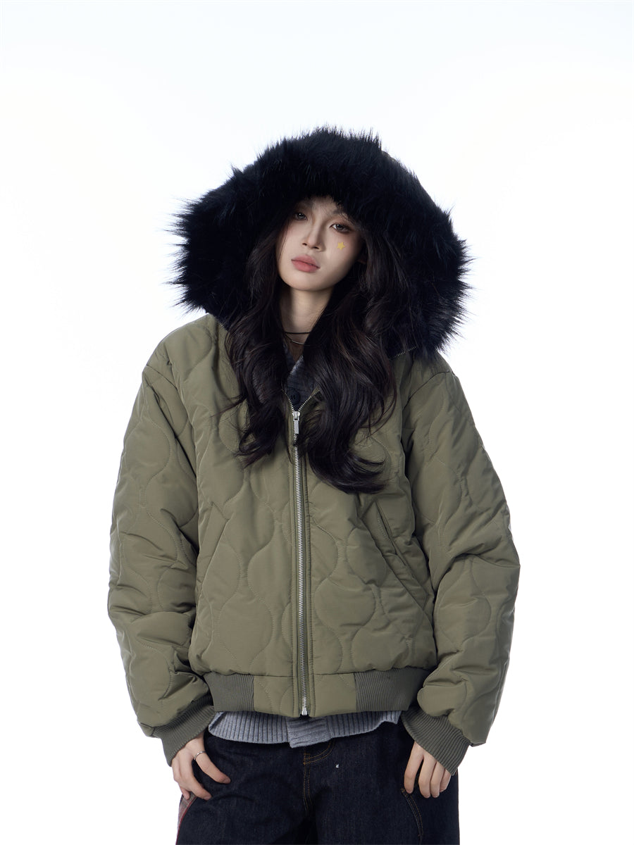 American Retro Rhombus Fur Collar Cotton Cardigan Hooded Cotton Jacket