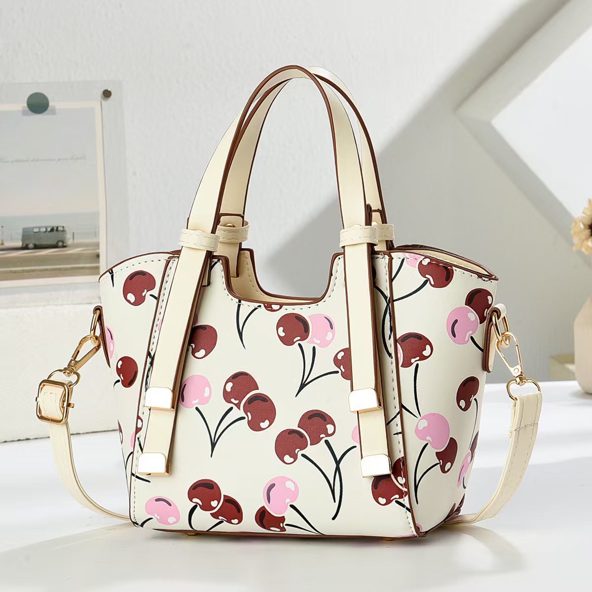 Bag Women's Classic All-match Vegetable Basket Cherry Print Hand Carrying