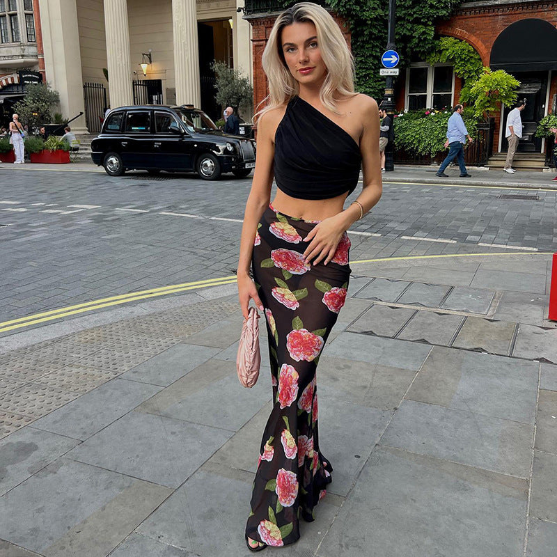 Summer Low Waist Printed Mesh Skirt Sheath