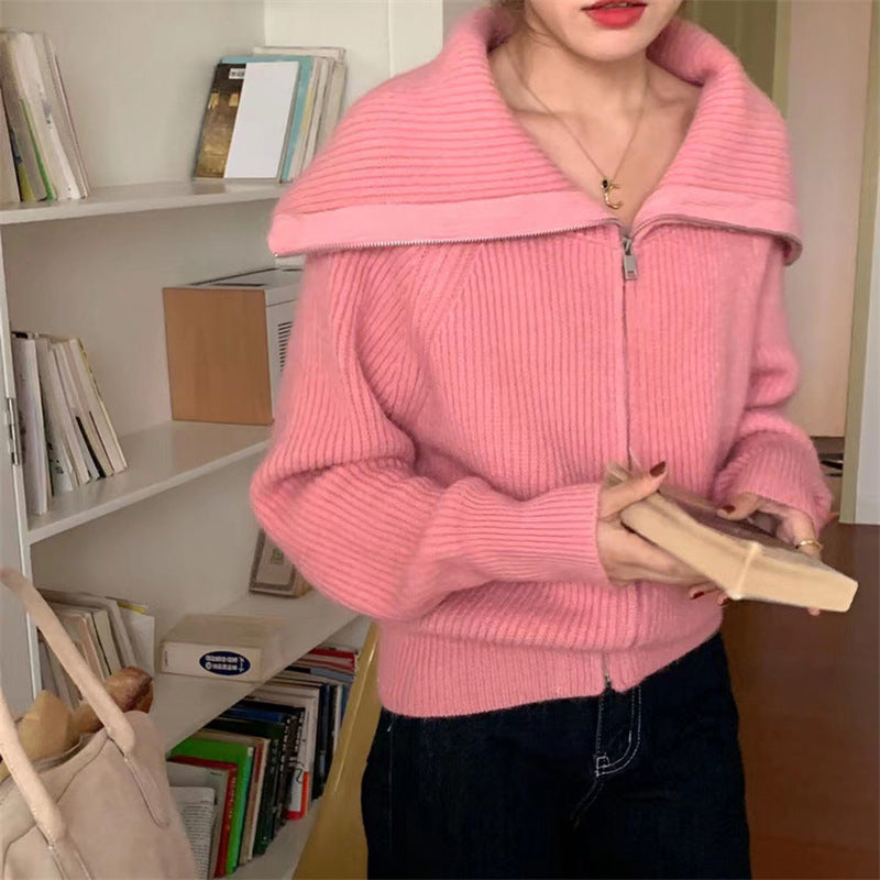 Korean Style Idle Style Large Lapel Knitted Cardigan Zipper Coat