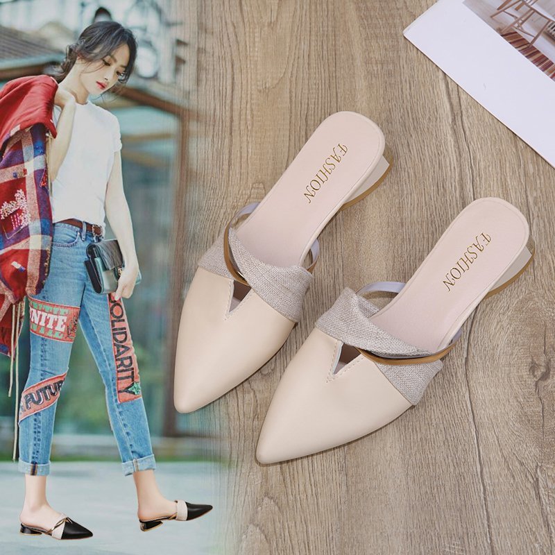 Baotou Half Slippers Pointed Toe Thick Heel Shoes Fairy Style Casual Sandals