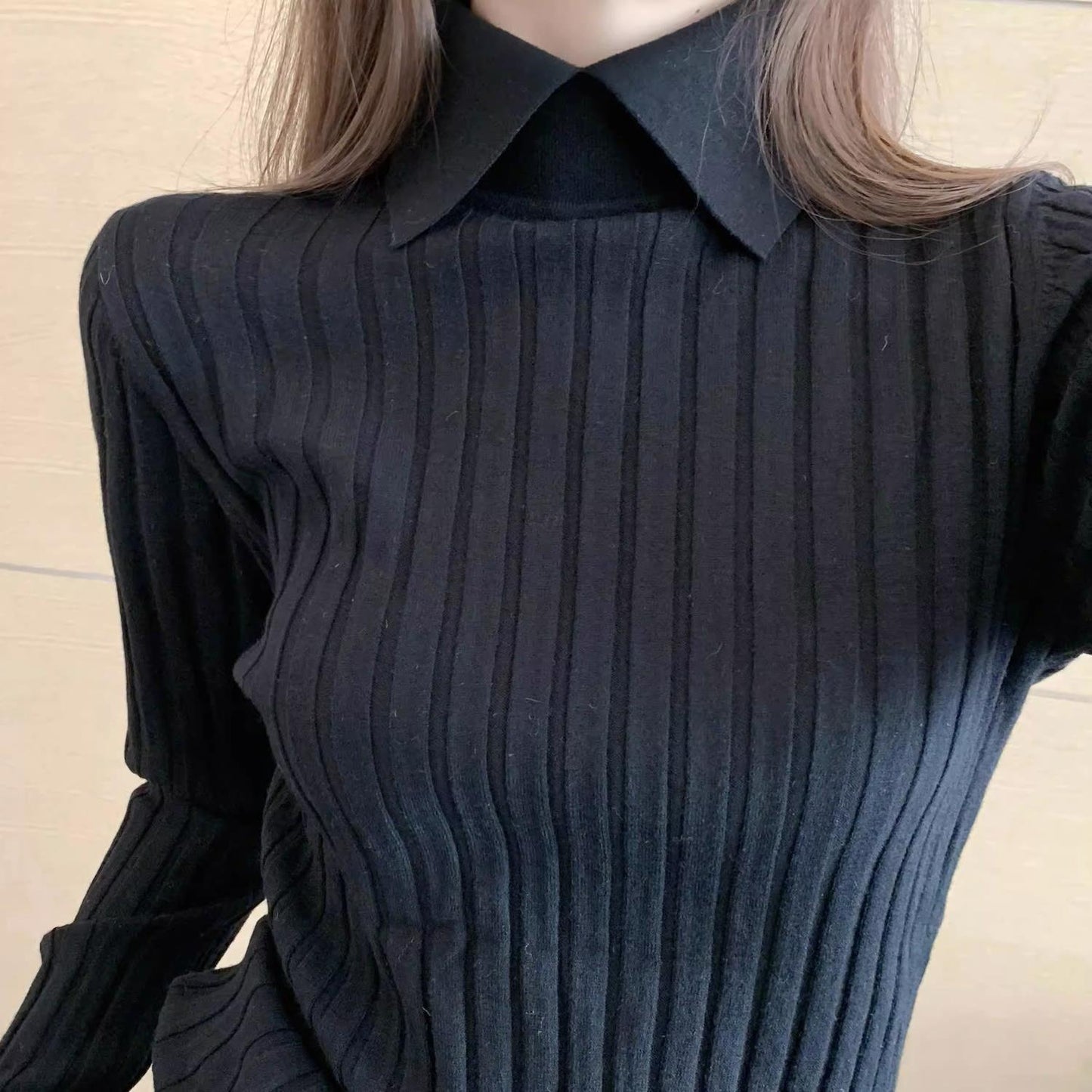 Early Autumn Winter Thread Sunken Stripe Slim Fit Pullover Inner Wear Knitted Bottoming Shirt Lapel Long Sleeve Sweater