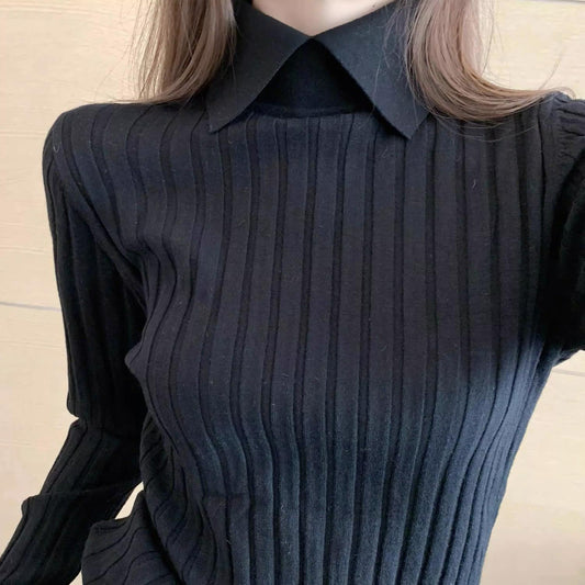 Early Autumn Winter Thread Sunken Stripe Slim Fit Pullover Inner Wear Knitted Bottoming Shirt Lapel Long Sleeve Sweater