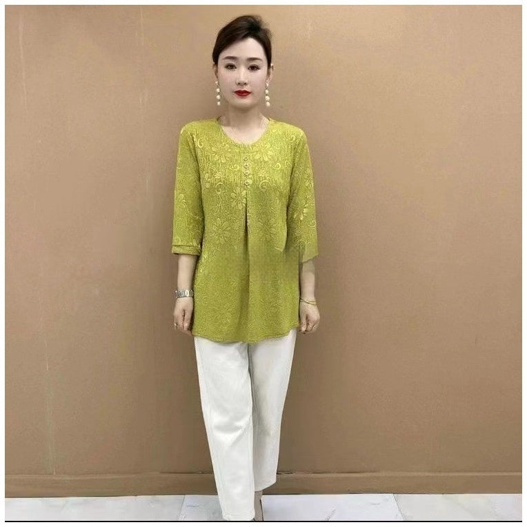 Three-quarter Sleeve Round Neck Jacquard Loose Oversized Shirt