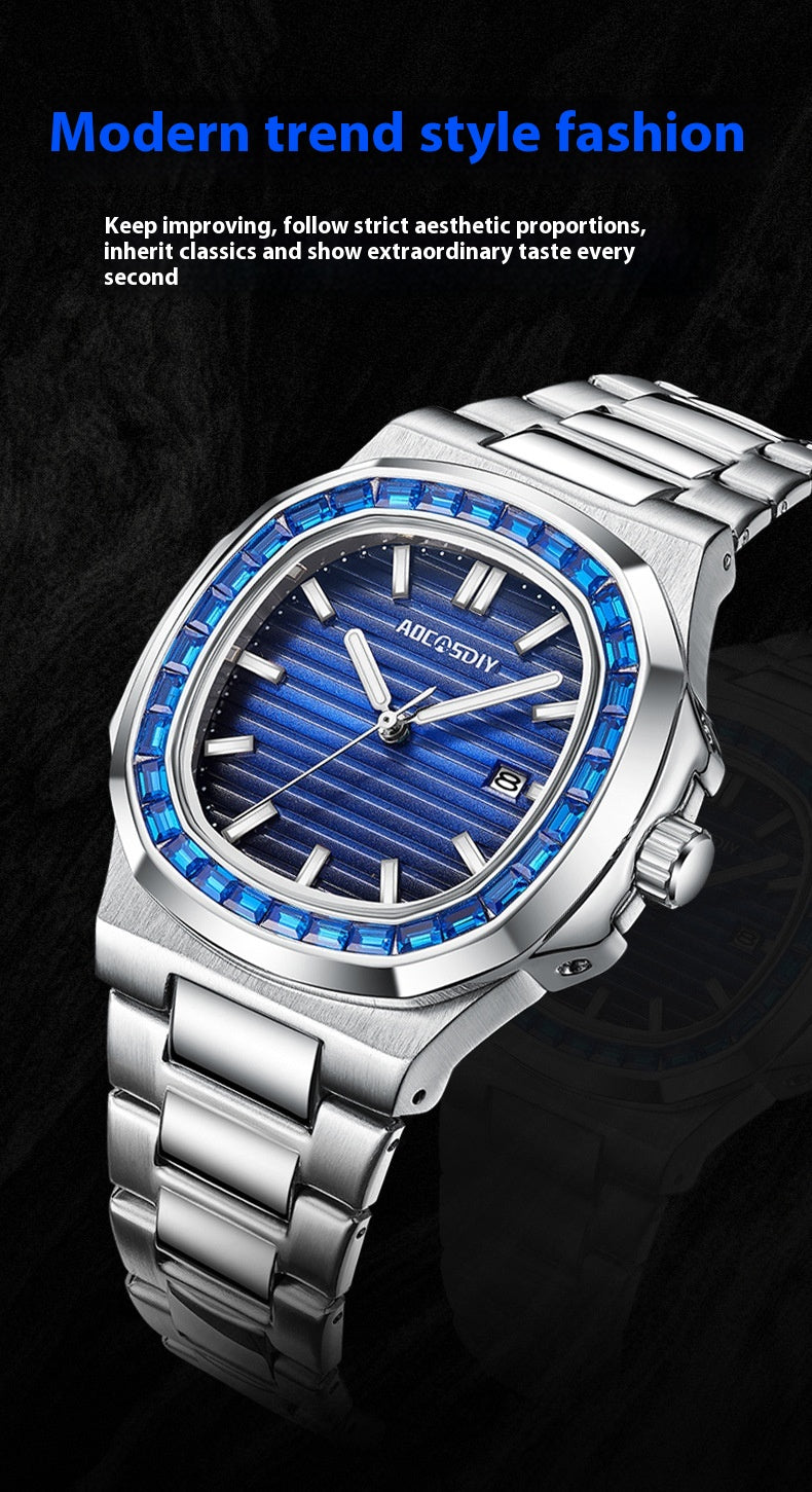 Men's Fashion Diamond Luminous Quartz Watch Waterproof Steel Belt