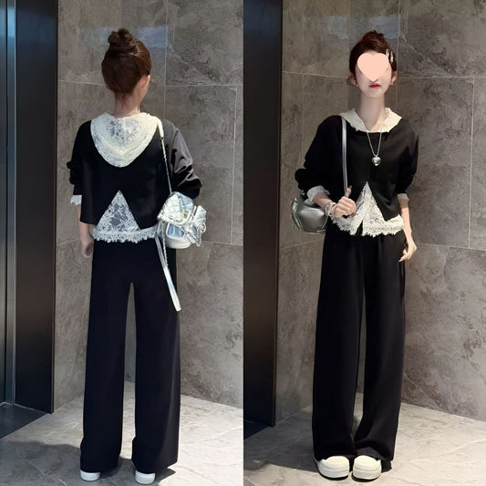 Womens Lace Off-Shoulder Sweater And WideLeg Pants Set Youth-EnhancingThreePiece Outfit