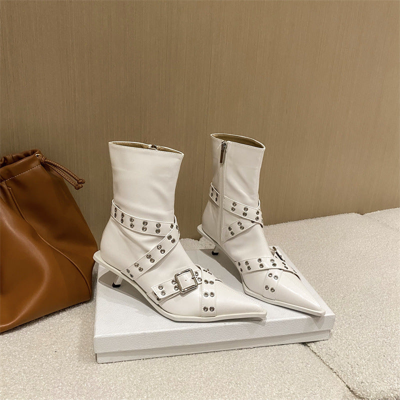 Pointed Stiletto Cross Belt Buckle Booties Women