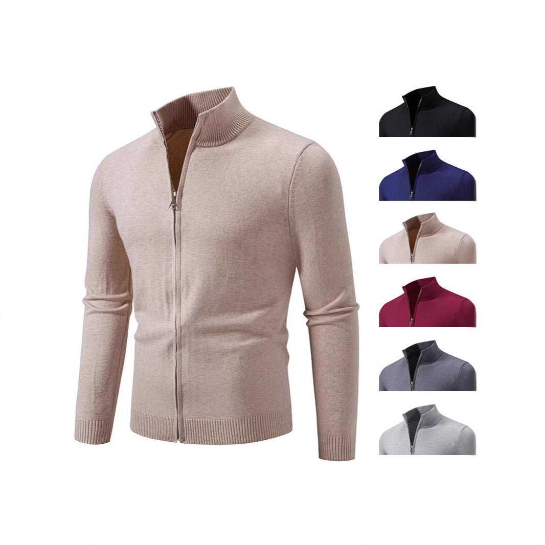 Stand Collar Simple Zipper Solid Color Cardigan Sweater