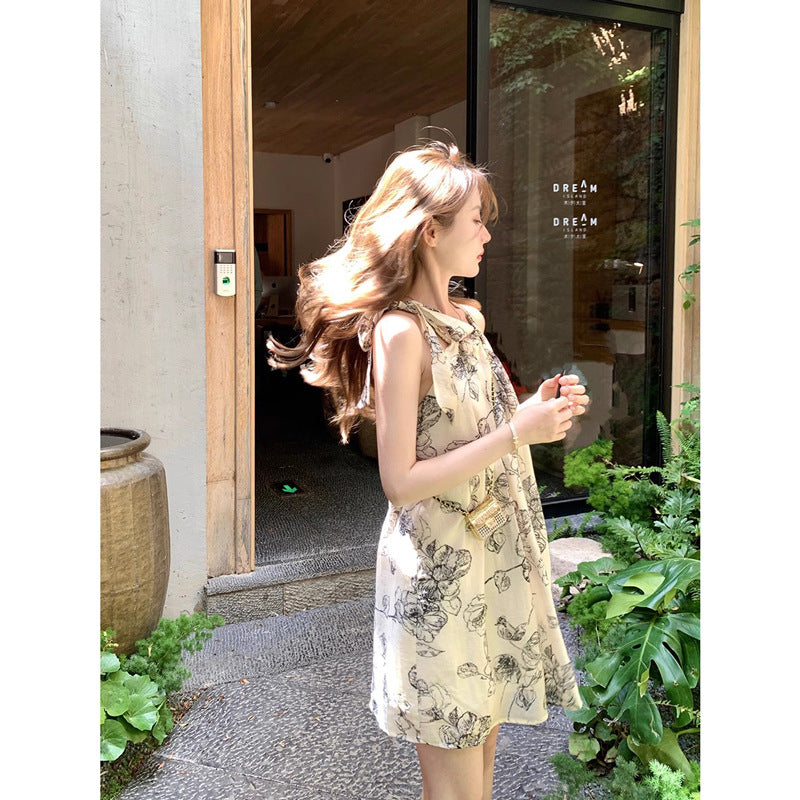 Womens Chinese-style Floral Slip Dress With Neck Strap