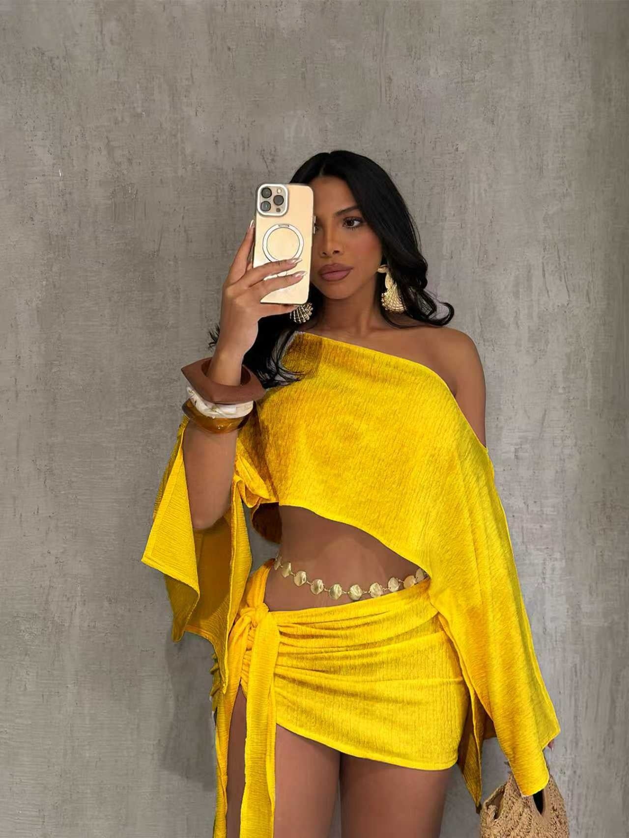Off-shoulder Top And Tie-front Bodycon Skirt Set