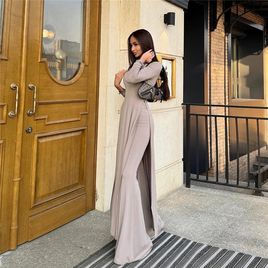Stylish Solid-Color, Elegant Long-Sleeve Top And Flared Pants Set
