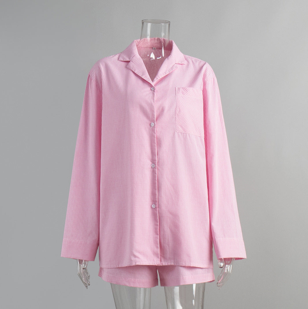 Plaid Long-Sleeve Shorts Pajama Set