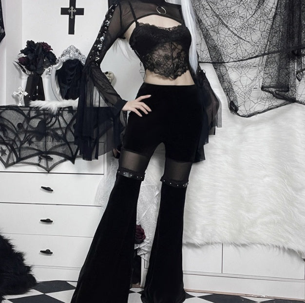 Mesh Panel Slim Fit High Waist Flare Pants