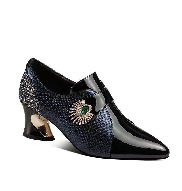Women's Fashion Rhinestone Soft Leather Mid Heel Deep Mouth Pumps