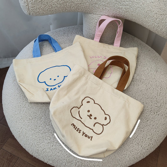Portable Canvas Embroidery Cartoon Student Simple Handbag