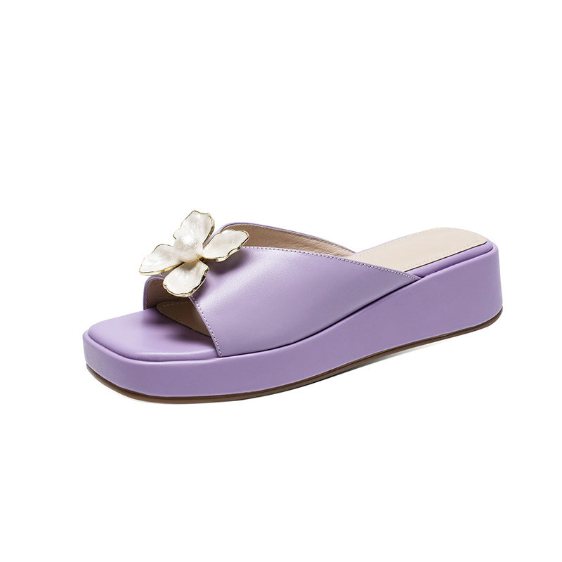 Summer Square Toe Mid-heel Sandals Thick-soled Three-dimensional Flower Women's Shoes