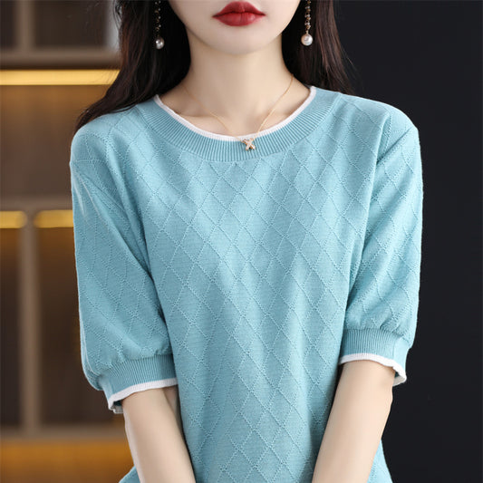 100 Cotton Knitted Short-sleeved Women's Loose Slimming Pullover Thin Bottoming T-shirt