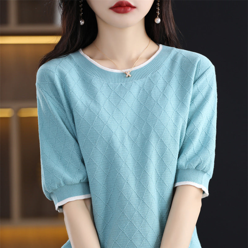 100 Cotton Knitted Short-sleeved Women's Loose Slimming Pullover Thin Bottoming T-shirt