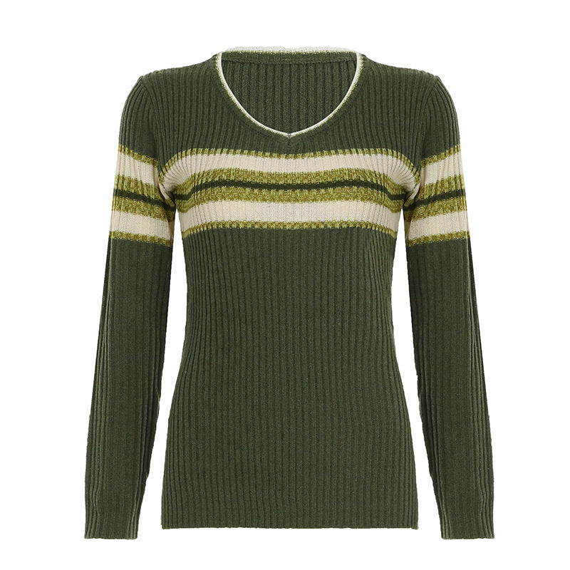 Women's V-neck Striped Sweater Autumn And Winter New