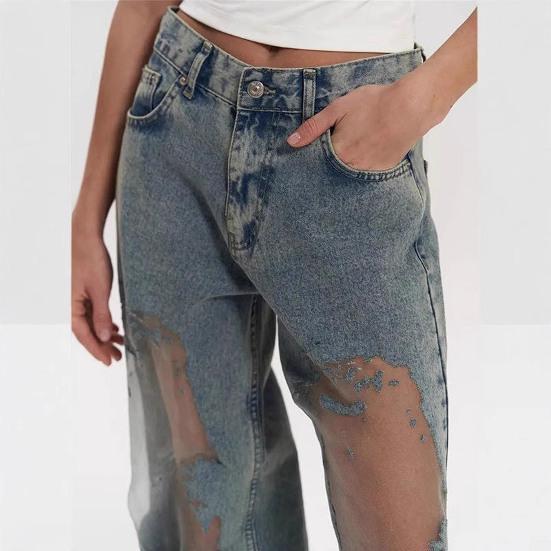 Retro bukser med lige ben, udhulet tekstur, niche-design-jeans, Y2g-bukser med vide ben