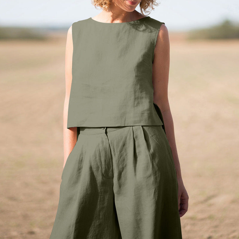 Women's Solid Color Retro Cotton And Linen Long Sleeve Loose Cotton Suit