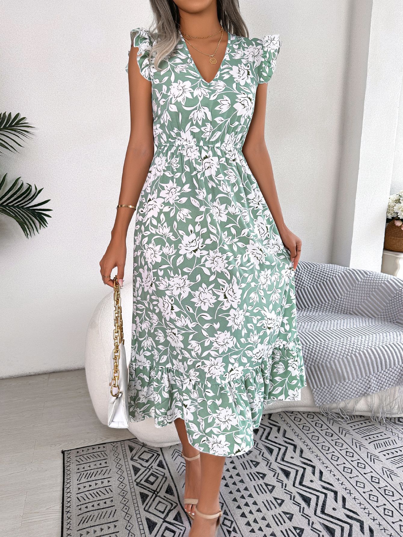 Women Casual Ruffle Trim Floral Print Tie Waist Maxi Vacation Dress