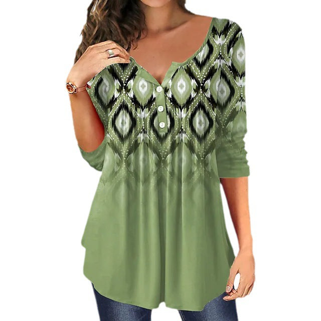 Beauty Summer Loose V-neck Pullover Short Sleeve Button Printed T-shirt