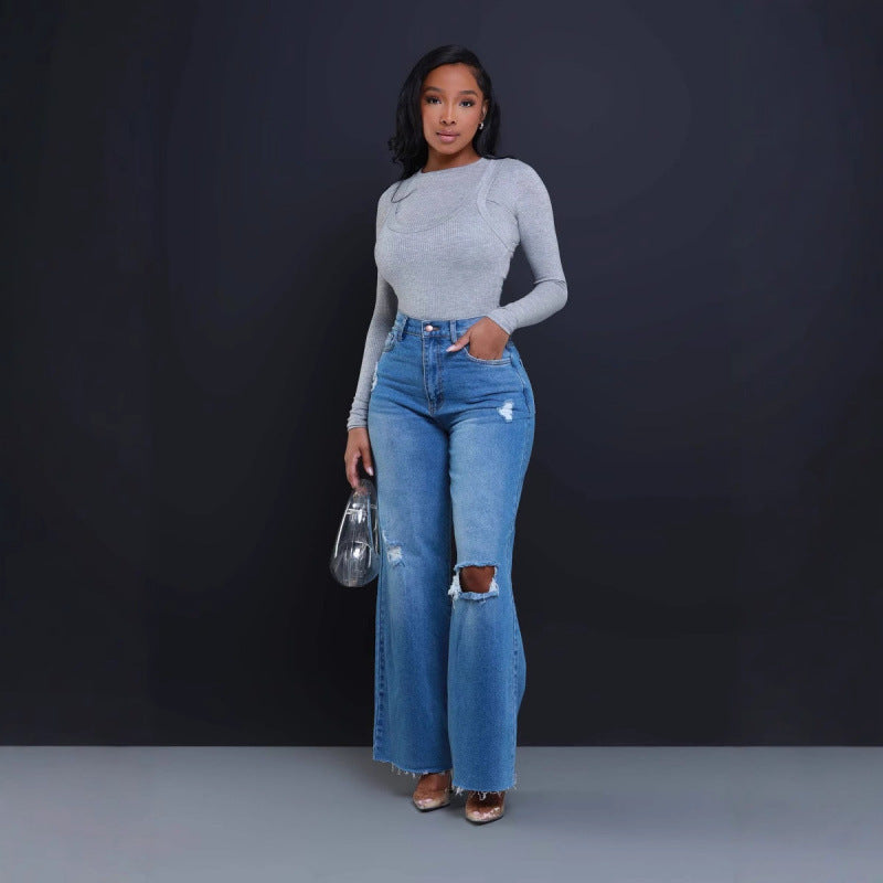 Women's Ripped High Waist Loose Straight Wide Leg Jeans