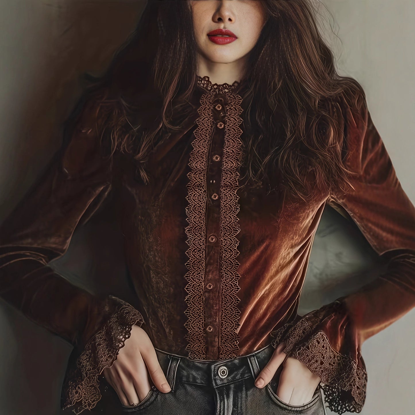 Womens New AutumnWinter Retro Lace-Patchwork Shirt