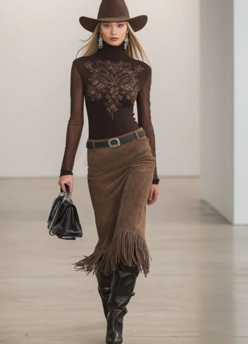 High-neck Embroidered Long-sleeved T-shirt And Faux Suede Tassel Skirt Set