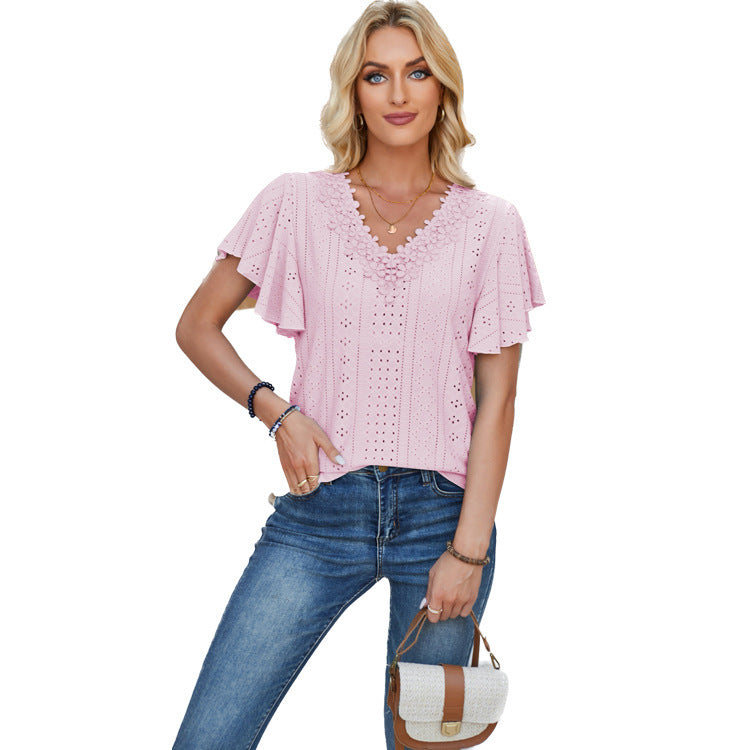 Women's Spring And Summer Lace Ruffle Sleeve Solid Color Loose Short Sleeve