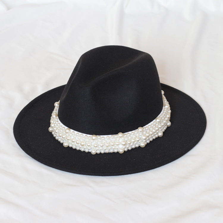 Handmade Pearl Top Hat Big Brim Fur Felt Hat