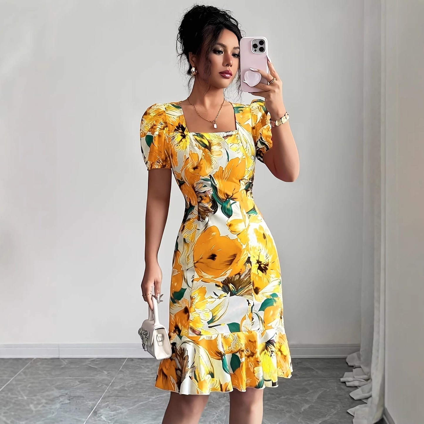Womens Retro Square-Neck Puff-Sleeve Waist-Cinching Ruffle-Trim Dress