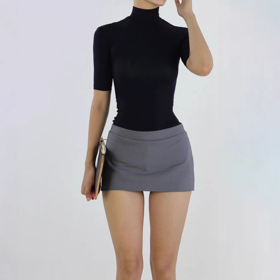 Retro Tencel Lycra Skin-friendly Turtleneck Shoulder Half Sleeve