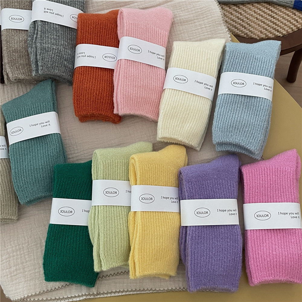 Solid-color Wool Socks Extra-thick And Warm Mid-calf Socks