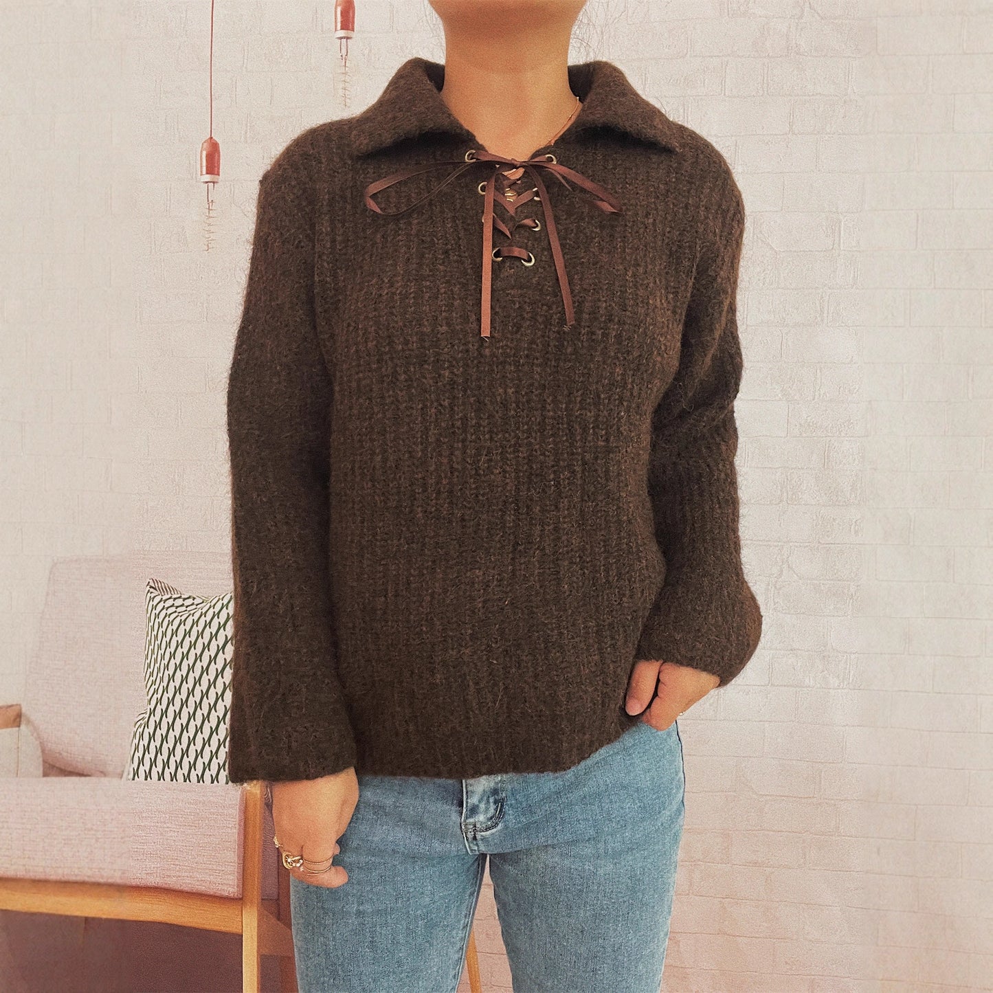 Simple Commute Lapel Tied Knitted Pullover Solid Color Loose Sweater