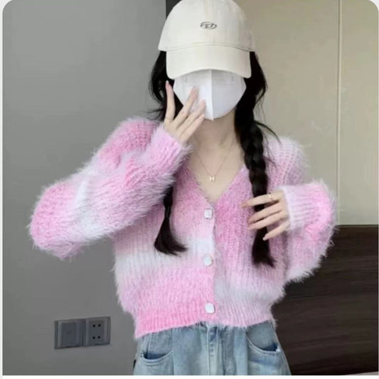 Gradient Color Autumn And Winter V-neck Mink Sweater Coat Female Small Short Outer Wear Wool Knit Cardigan