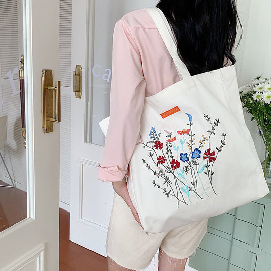 Korean Version Embroidered Flower Canvas Bag Ins Lazy Style Art College Students