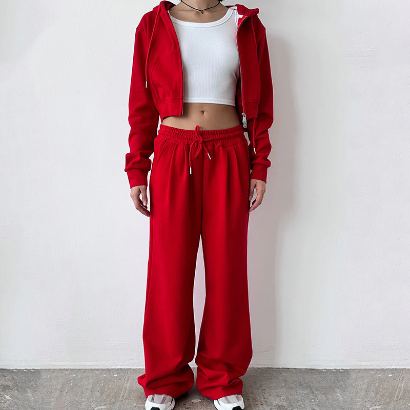 Casual Women's Suit Solid Color Long Sleeve Zip Hoodie Drawstring Sweatpants